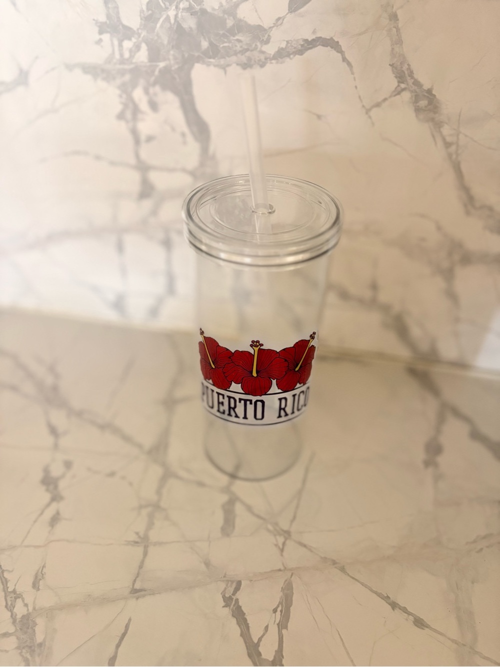 🆕Puerto Rico Clear Travel Tumbler with Red Hibiscus Design 🆕